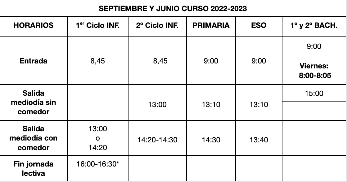 HORARIOS SEPTIEMBRE A JUNIO 22 23